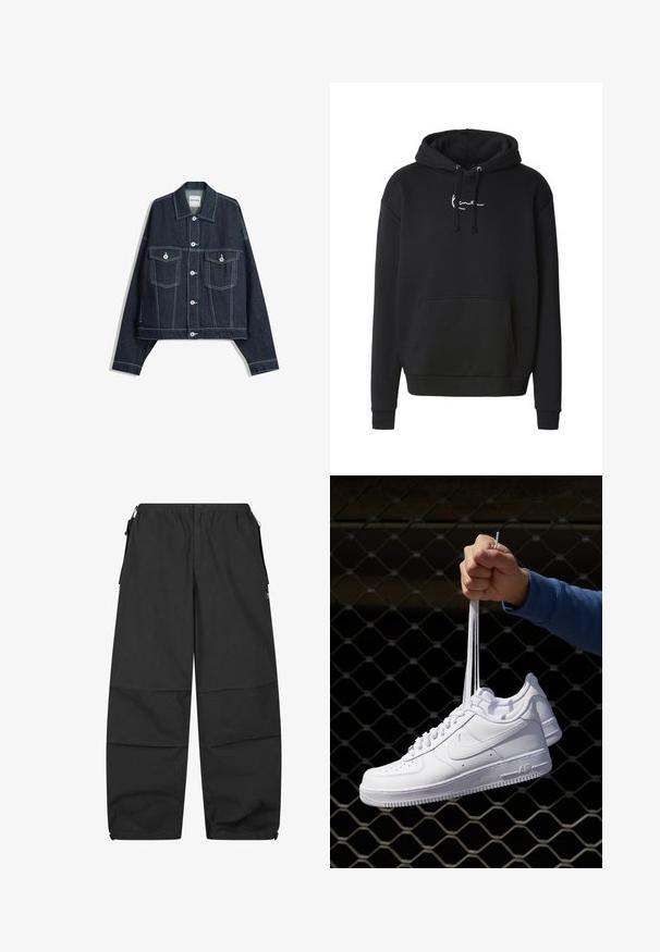 Tamno plavi traper jakna s bijelim kontrastnim šavovima, prednje dugme, dva džepa s preklopom na prsima i duge rukave.; Crna dukserica s kapuljačom od mekanog materijala, s prednjim džepom i bijelim logotipom na prsima. Rebrasti manžeti i rub za sigurno prianjanje.; Crne pamučne hlače s elastičnom waistbandom, dva bočna džepa i opuštenim krojem. Sadrže šavove i minimalistički dizajn.; Bijele kožne tenisice s perforacijama, okruglim vrhom, ravnim potplatom i debelim vezicama, s vidljivim swoosh logom i natpisom "AIR" na peti.
