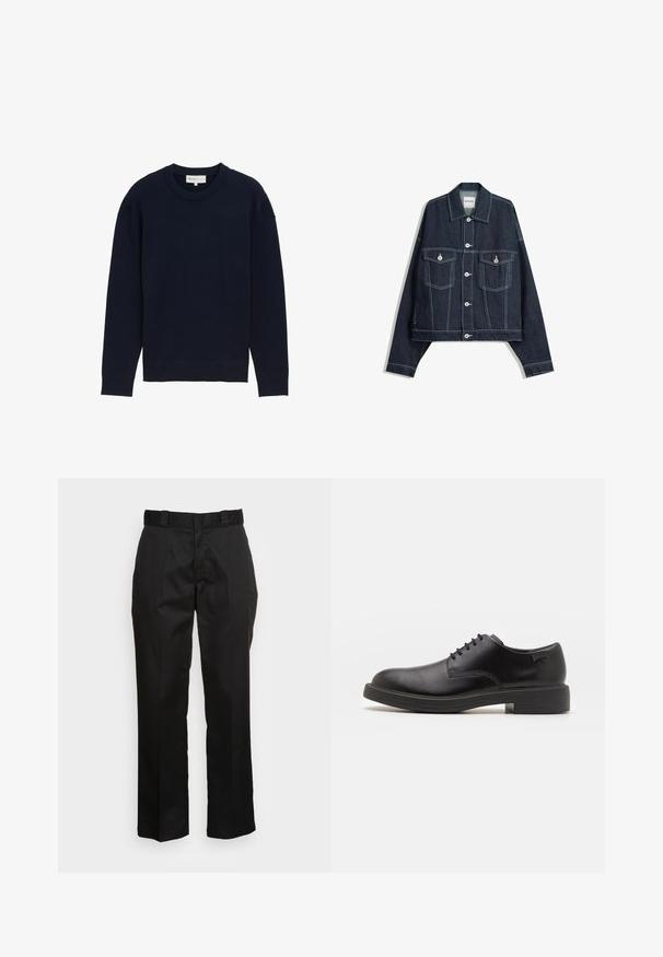 Temno modra kavbojka z belimi kontrastnimi šivi, z zapiranjem na gumbe spredaj, dvema žepoma na prsih s poklopcem ter dolgimi rokavi.; Mornarsko modra dolg rokav pulover s rebrastim okroglim izrezom in manšetami, prikazan na eni sami beli podlagi.; Črne hlače iz gladkega materiala, s straight leg dizajnom, pasom za pas in dvema stranskima žepoma. Klasičen videz brez okrasnih elementov.; Črne usnjene čipkaste čevlje z zaobljenim nosom, gladko teksturo, minimalnim šitjem in nizkim gumijastim peto. Logo na peti.