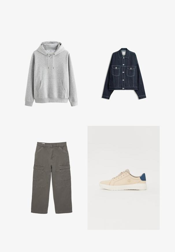 Donkerblauwe spijkerjas met witte contrasterende stiksels, sluiting met knopen aan de voorkant, twee klepborstzakken en lange mouwen.; Grijze katoenen hoodie met een voorzak, verstelbare trekkoordcapuchon, ribgebreide manchetten en zoom. Soepele textuur, minimalistisch ontwerp, geen patronen.; Cargo broek in een gedempt grijs, van katoen, met twee zijzakken en twee grote cargozakken aan de voorkant, met een rechte pijpdesign.; Beige sneakers van suede, voorzien van een witte zool, beige veters en een blauwe accent op de hak. Logo ingebosseld aan de zijkant.