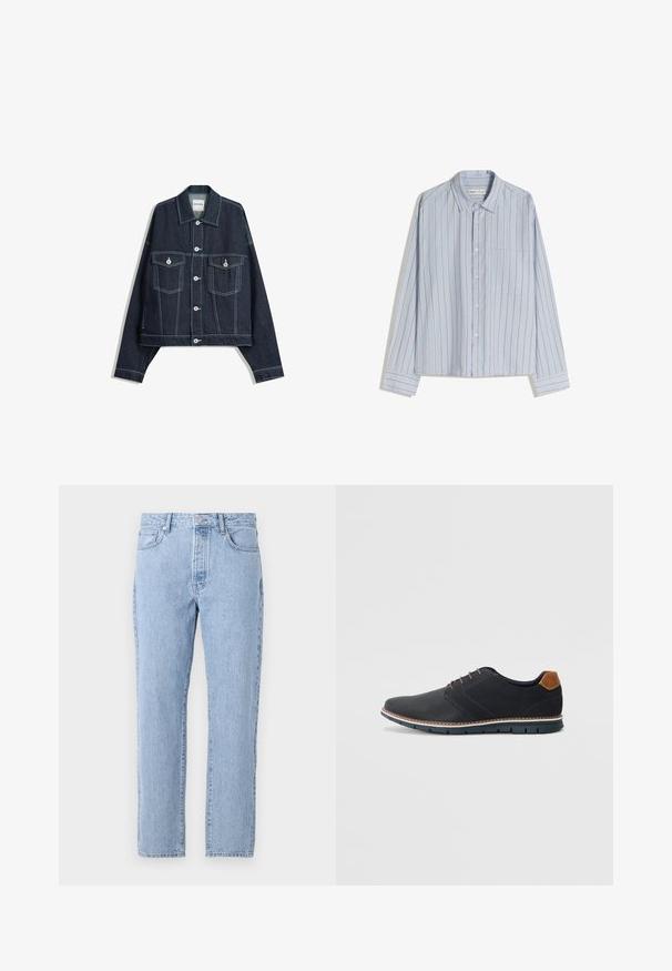 Tmavomodrá džínová bunda s bielym kontrastným šitím, predným zapínaním na gombíky, dvoma náprsníkmi s klopami a dlhými rukávmi.; Svetlomodrá košeľa s dlhým rukávom a úzkymi vertikálnymi pruhmi v červenej farbe. Obsahuje golier na gombíky a jedno vrecko na hrudi. Bavlnená látka.; Svetlo modré džíny s priamym strihom, piatimi vreckami a zapínaním na gombíky. Mäkka textúra s klasickým vyblednutým povrchom.; Čierne syntetické topánky so štruktúrovaným zvrškom, hladkými akcentmi, hnedým opätkom a kontrastnou podrážkou. Majú minimálne šnurovanie a detaily prešitia.