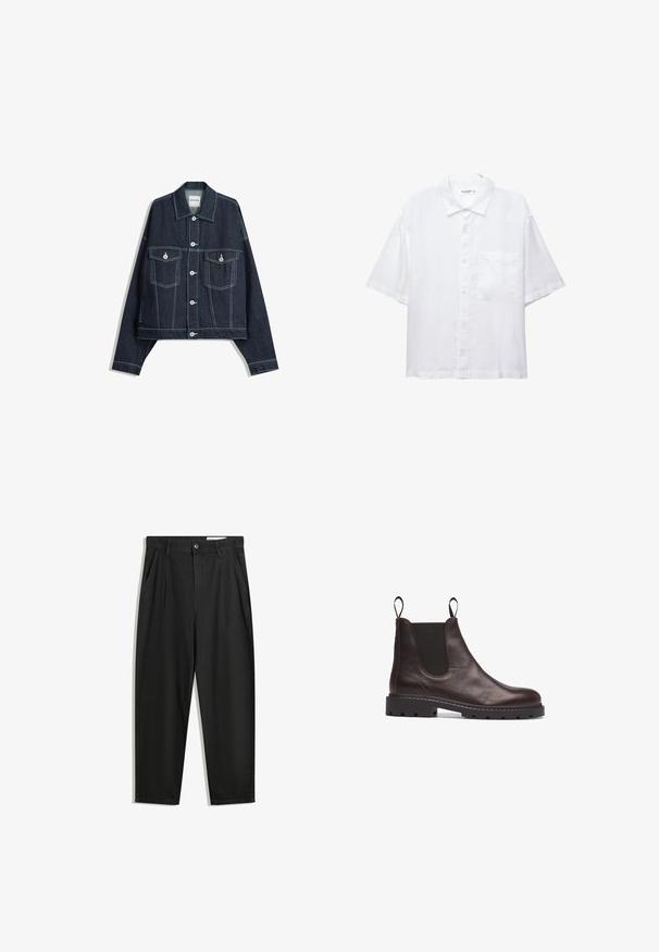 Granatowa kurtka dżinsowa z białymi kontrastowymi szwami, z przodem zapinanym na guziki, dwoma klapkowymi kieszeniami na piersiach i długimi rękawami.; Biała koszula z krótkim rękawem, z zapięciem na guziki z przodu, kołnierzykiem i jedną kieszenią na piersi. Wykonana z lekkiego materiału o gładkiej fakturze.; Czarne bawełniane spodnie o luźnym kroju, z klasycznym pasem, przednimi plisy oraz bocznymi kieszeniami. Gładka struktura, bez wzorów.; Brązowy skórzany botek Chelsea z elastycznymi bokami, fakturowanym wykończeniem oraz solidną czarną gumową podeszwą z wycięciami zwiększającymi przyczepność.