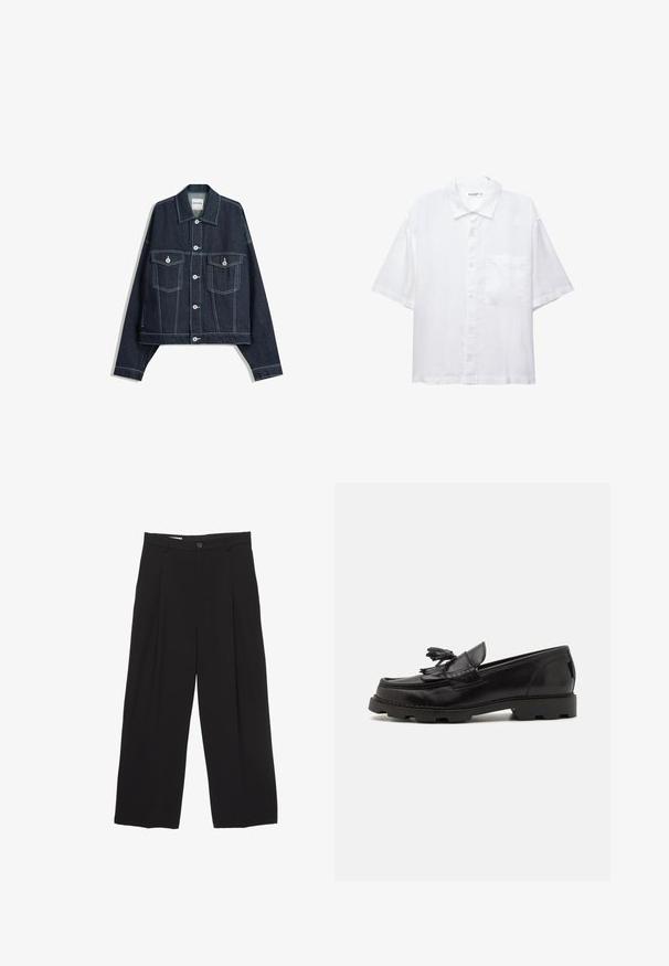 Temno modra kavbojka z belimi kontrastnimi šivi, z zapiranjem na gumbe spredaj, dvema žepoma na prsih s poklopcem ter dolgimi rokavi.; Bela kratkosleeve srajca z gumbnim zapiranjem spredaj, ovratnikom in enim žepom na prsih. Narejena je iz lahkega materiala z gladko teksturo.; Črne široke hlače iz gladkega blaga, z ravnim pasom, sprednjimi povešalnimi pregibi in enim gumbom za zapiranje.; Črne usnjene loafer čevlje z mokasinastim dizajnom, z dekorativnim ponjavom in resico, teksturirano površino in debelim gumijastim podplatom.
