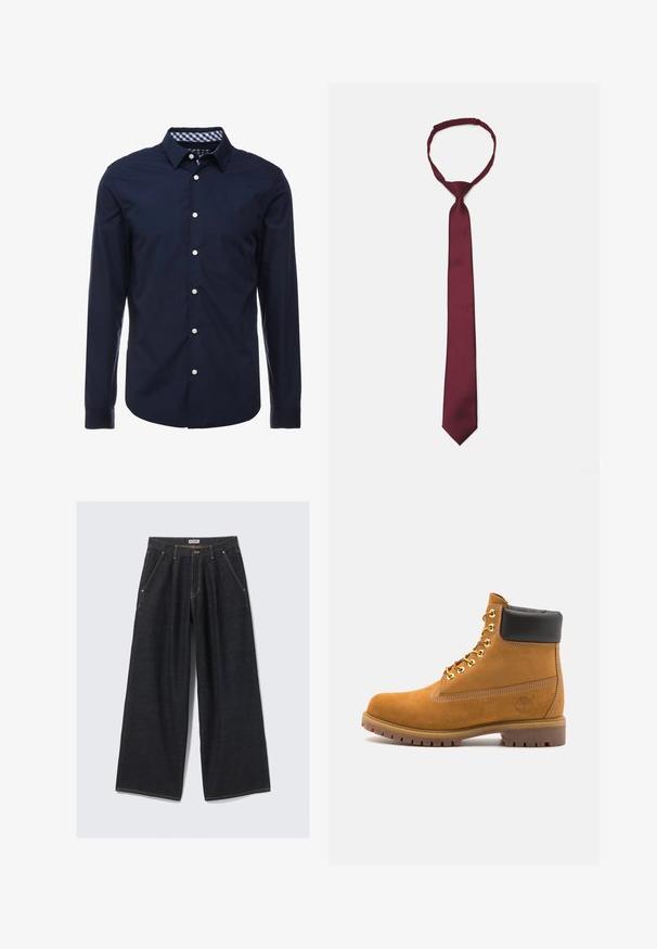 Dunkelblaue Jeansjacke mit weißen Kontrastnähten, vorderem Knopfverschluss, zwei aufgesetzten Brusttaschen und langen Ärmeln.; Marineblaue Langarmbluse mit einem Button-Down-Kragen, kontrastierendem kariertem Innenkragen und weißen Knöpfen auf der Vorderseite. Glatte Textur.; Dunkelblaue, weite Jeans mit Vorderfalten, schrägen Taschen, Gürtelschlaufen und einem Knopfverschluss am Taillenbund, beschriftet mit "WEEKDAY."; Beige Wildleder-Ankle-Boot mit schwarzem gepolstertem Kragen, goldenen Metallösen, weißen Nähdetalben und einer robusten Gummisohle mit ausgeprägtem Profil.; Burgunderfarbige Satin-Krawatte mit glatter Textur, schmaler Breite und spitzem Ende; verfügt über eine Schlaufe für einfaches Tragen.