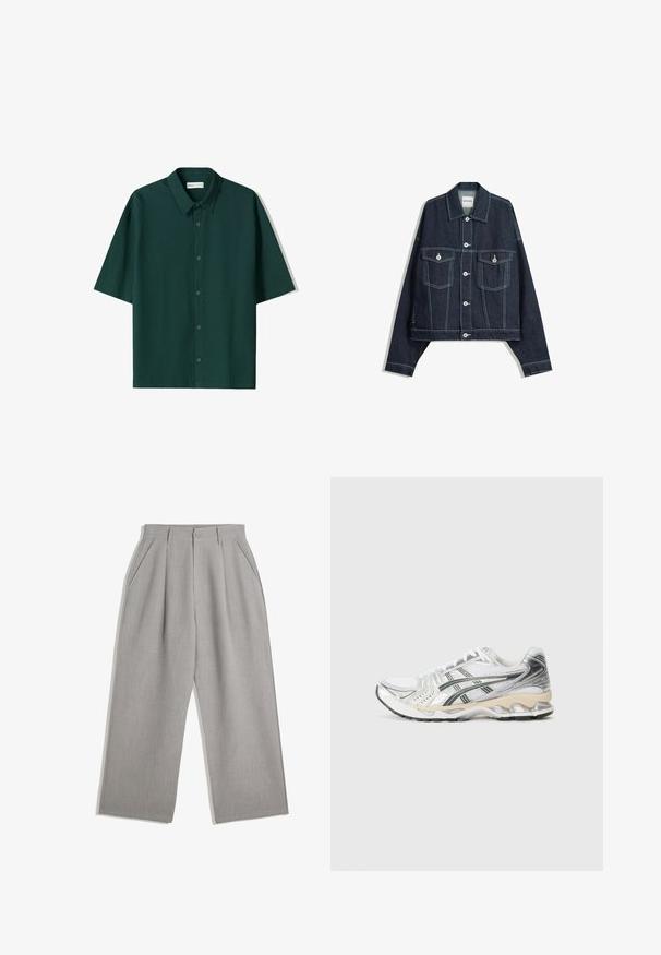 Donkerblauwe spijkerjas met witte contrasterende stiksels, sluiting met knopen aan de voorkant, twee klepborstzakken en lange mouwen.; Korte mouwen shirt in donkergroen, textuurstof, met een knoopsluiting aan de voorkant en een klassieke kraag. Eenvoudig ontwerp, geen extra patronen of accenten.; Zwarte polo met korte mouwen, voorzien van een geribde textuur, klassieke kraag en rechte zoom. Eenvoudig en veelzijdig ontwerp.; Lichtgrijze broek met een rechte pasvorm, voorzien van twee voorplooien en zijzakken, gemaakt van een gladde stof.; Witte sportieve schoen met zilveren en zwarte accenten, bovenwerk van mesh, textuurdesign, gevoerde zool en een flexibele looppatroon.