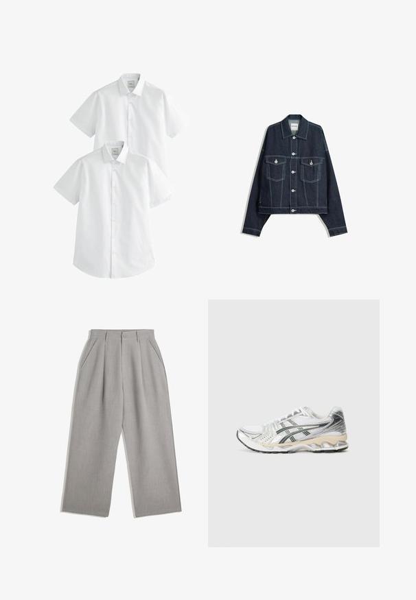 Dunkelblaue Jeansjacke mit weißen Kontrastnähten, vorderem Knopfverschluss, zwei aufgesetzten Brusttaschen und langen Ärmeln.; Weiße kurzärmlige Hemden im Doppelpack, mit Button-Down-Kragen und einer glatten Baumwolltextur, die für die Freizeitgestaltung konzipiert sind.; Hellgraue Hose mit geradem Schnitt, ausgestattet mit zwei Vorderfalten und Seitentaschen, aus einem glatten Stoff gefertigt.; Weißer Sportschuh mit silbernen und schwarzen Akzenten, Obermaterial aus Mesh, strukturiertes Design, gepolsterte Sohle und flexibles Profil.