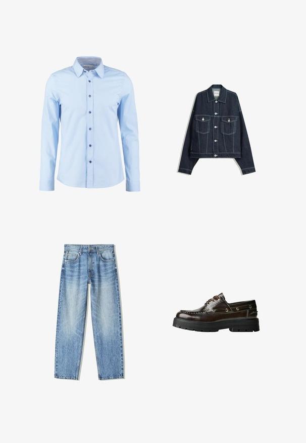 Donkerblauwe spijkerjas met witte contrasterende stiksels, sluiting met knopen aan de voorkant, twee klepborstzakken en lange mouwen.; Lichtblauw overhemd met lange mouwen en een button-down kraag, voorzien van donkerblauwe knopen en een geruite stofaccent aan de binnenkant van de kraag.; Lichtblauwe denim jeans met een losse pasvorm, recht gesneden pijpen, vijf zakken en een vervaagde textuur. Voorzien van een knoop- en ritssluiting aan de voorkant.; Bruine leren bootshoe met een rubberen zool, voorzien van stiksels, metalen oogjes en een vetersluiting. Stevige, lichte constructie.