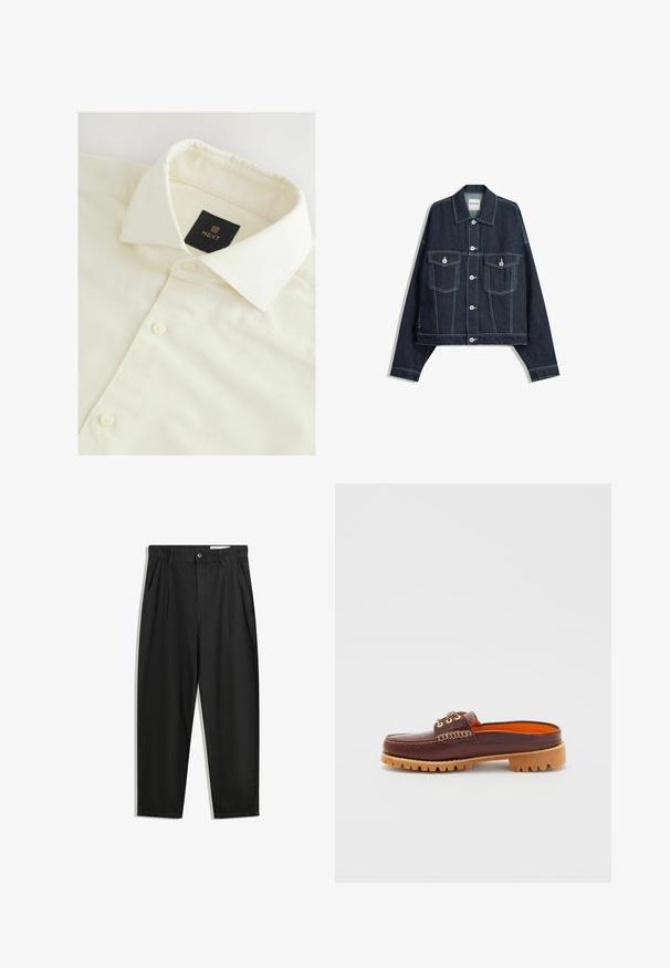 Dunkelblaue Jeansjacke mit weißen Kontrastnähten, vorderem Knopfverschluss, zwei aufgesetzten Brusttaschen und langen Ärmeln.; Cremfarbener Hemdkragen mit strukturierter Stoff, ausgestattet mit einem schwarzen "NEXT"-Etikett und weißen Knöpfen entlang der Vorderseite.; Schwarze Baumwollhose mit lockerem Schnitt, ausgestattet mit einem klassischen Bund, vorderen Falten und Seiten taschen. Glatte Textur ohne Muster.; Braune Leder-Slipper mit runder Zehenform, strukturiertem Steppdetail, goldenen Ösen und einer sandfarbenen, genoppten Sohle. Das Innere ist in leuchtendem Orange gehalten.