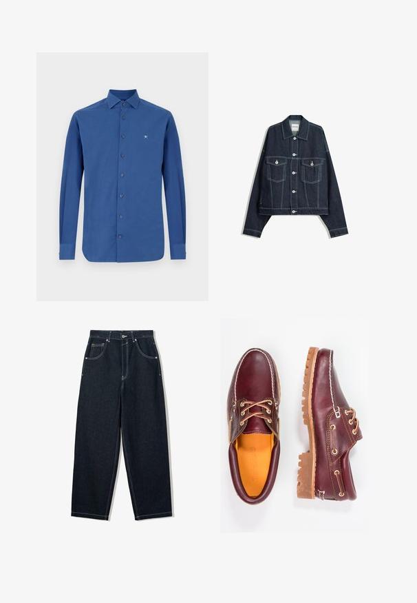 Tmavě modrá džínová bunda s bílým kontrastním prošitím, zapínání na knoflíky vpředu, dvě kapsy na hrudi s klopami a dlouhými rukávy.; Modrá dlouhá košile z bavlny s knoflíkovým zapínáním, klasickým límečkem a jemnou výšivkou loga na hrudi.; Široké tmavé džínové kalhoty s kontrastním bílým prošíváním, pěti kapsami a zapínáním na knoflík. Mají vysoký pas.; Burgundské kožené boty s hnědými gumovými podrážkami, kulatou špičkou, bílým prošíváním a zlatými očky. Interiér obsahuje žlutou podšívku.