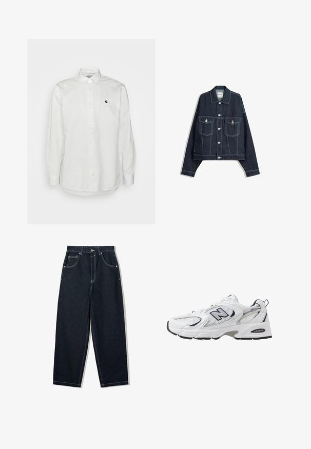 Temno modra kavbojka z belimi kontrastnimi šivi, z zapiranjem na gumbe spredaj, dvema žepoma na prsih s poklopcem ter dolgimi rokavi.; Bela dolga majica s kratkimi rokavi, izdelana iz bombaža, z majhnim črnim logotipom na levi prsni strani in klasičnim ovratnikom z gumbnimi poudarki.; Široke temno jeans hlače z belo kontrastno šivanko, petimi žepi in gumbom za zapiranje. Imajo visok pas.; Bele športne copate z mrežasto zgornjimi deli, mornarskimi naglasnimi barvami in oblazinjeno podplatom. Vključujejo logotip "N", vezalke in teksturirane detajle na strani.