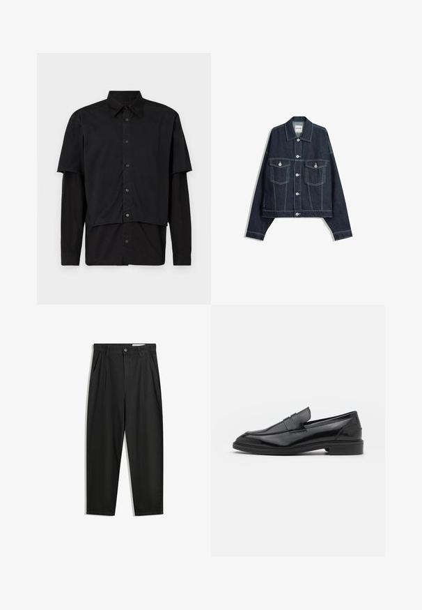 Temno modra kavbojka z belimi kontrastnimi šivi, z zapiranjem na gumbe spredaj, dvema žepoma na prsih s poklopcem ter dolgimi rokavi.; Črna srajca s kratkimi in dolgimi rokavi. Narejena iz bombaža, z klasičnim ovratnikom in subtilno oznako na rami.; Črne bombažne hlače s sproščenim krojem, ki vključujejo klasičen pas, sprednje gube in stranske žepke. Gladka tekstura brez vzorcev.; Črne usnjene loafersice z gladko površino, s zaobljenim prstom in ozkim pasom čez zgornji del. Nizek zložen petek.