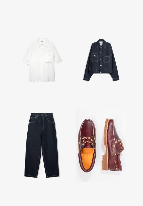 Dunkelblaue Jeansjacke mit weißen Kontrastnähten, vorderem Knopfverschluss, zwei aufgesetzten Brusttaschen und langen Ärmeln.; Kurzärmliges weißes Hemd mit Knopfleiste, aus glattem Stoff gefertigt, mit Kragen und einer einzelnen Brusttasche, im legeren Schnitt.; Weit geschnittene, dunkle Denim-Jeans mit kontrastierendem weißen Nähten, fünf Taschen und einem Knopfverschluss. Mit einem hochgeschnittenen Design.; Bordeauxfarbene Lederschuhe mit braunen Gummisohlen, runder Zehenform, weißen Nähten und goldenen Ösen. Das Innenfutter weist eine gelbe Beschichtung auf.