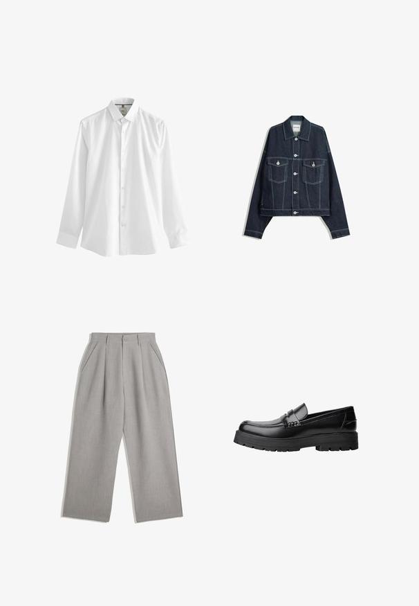 Tmavě modrá džínová bunda s bílým kontrastním prošitím, zapínání na knoflíky vpředu, dvě kapsy na hrudi s klopami a dlouhými rukávy.; Bílá košile s dlouhým rukávem vyrobená z bavlny, s klasickým límečkem, předním zapínáním na knoflíky a rovnými lemy s manžetami na zápěstích.; Světlé šedé kalhoty se střihem rovného nohavice, zdobené dvěma předními sklady a postranními kapsami, vyrobené z hladké tkaniny.; Černé kožené mokasíny s masivní podrážkou a dekoračním páskem přes horní část, zobrazené v levém bočním profilu na bílém pozadí.