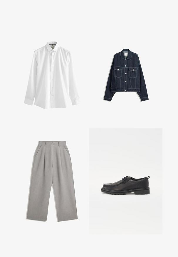 Sötétkék farmerdzseki fehér kontrasztvarrással, elöl gombos záródás, két hajtókás mellzseb és hosszú ujjú.; Fehér, hosszú ujjú pamut ing, klasszikus gallérral, elülső gombos záródással és egyenes szegéllyel, az ujjak végén mandzsettával.; Világosszürke nadrág, egyenes szárú dizájnnal, két elülső plissé és oldalsó zsebek találhatók rajta, sima anyagból készült.; Fekete bőrcipők kerek orral, texturált varrással, alacsony profilú dizájnnal és gumitalppal, amely mély barázdákkal rendelkezik a tapadás érdekében.