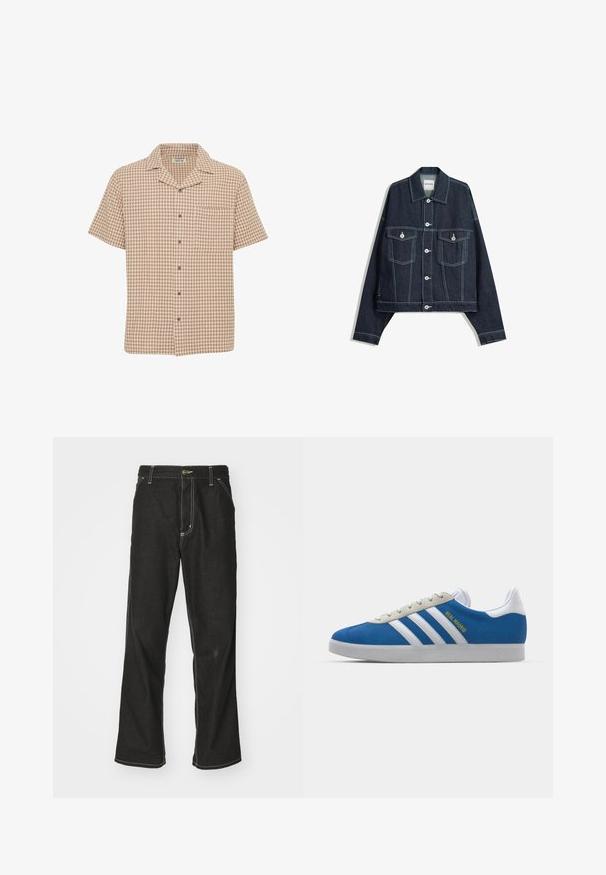 Giacca in denim blu scuro con cuciture bianche a contrasto, chiusura frontale con bottoni, due tasche sul petto con patta e maniche lunghe.; Camicia a maniche corte con bottoni, fantasia a quadri marrone e crema, taschino sul petto, tessuto morbido e collo aperto.; Jeans in denim nero con una vestibilità ampia, caratterizzati da cuciture bianche a contrasto, chiusura a bottone e un design a gamba dritta.; adidas Originals ADIDAS GAZELLE SHOES - Scarpe da calcio indoor - real madrid/bluebird/footwear white/crew yellow