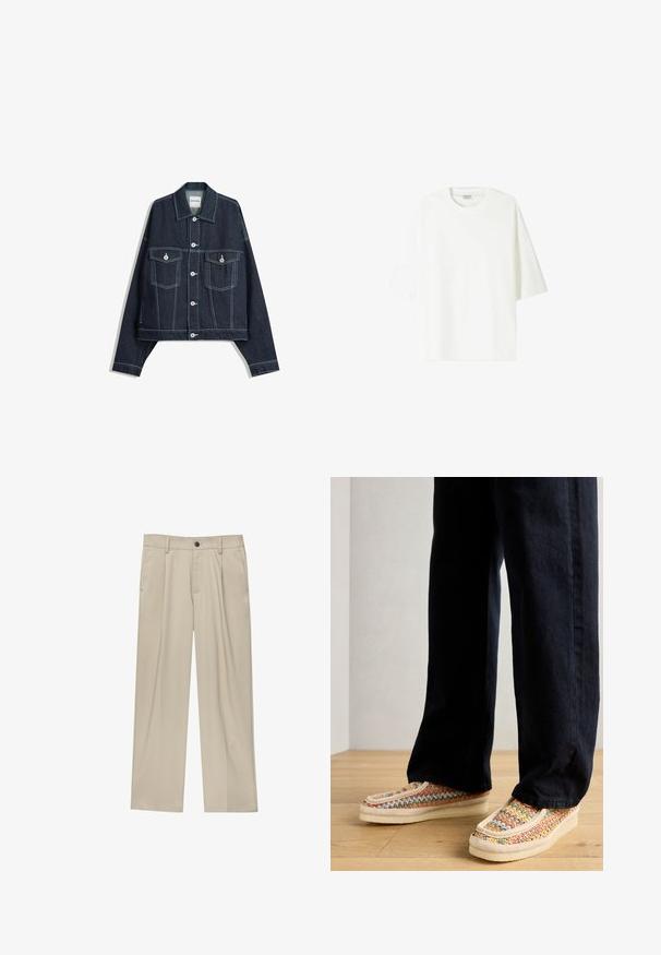 Jachetă din denim de nuanță albastru închis, cu cusături contrastante albe, închidere prin buton frontal, două buzunare pe piept cu clapă și mâneci lungi.; Tricou alb cu mânecă scurtă, fabricat din bumbac, cu guler tip crew și o croială lejeră, având o tivă dreaptă.; Pantaloni bej cu croi drept, dotati cu un singur nasture negru, bucle pentru centură și buzunare laterale. Textură de țesătură netedă și design minimal.; Pantofi slip-on țesuti multicolori cu o talpă de culoare crem, accentuați cu o bandă texturată și cusături contrastante, asortați cu pantaloni închiși.