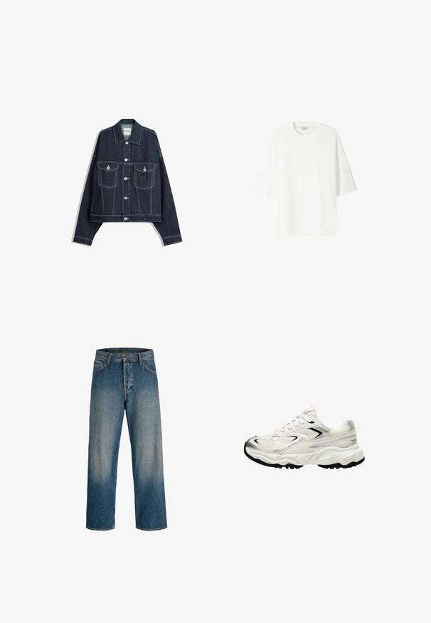 Tamno plavi traper jakna s bijelim kontrastnim šavovima, prednje dugme, dva džepa s preklopom na prsima i duge rukave.; Bijela majica kratkih rukava od pamuka, s okruglim izrezom i ležernim krojem te ravnim rubom.; Plave traperice s opuštenim krojem, ravnim nogavicama, suptilnim svjetlim izbljeđivanjem i oznakom branda na pojasu za detalj.; Bijele tenisice s mrežastim gornjim dijelom, srebrnim naglascima, crnim potplatom i teksturiranim panelima. Imaju vezivanje na vezice i zaobljen oblik prstiju.