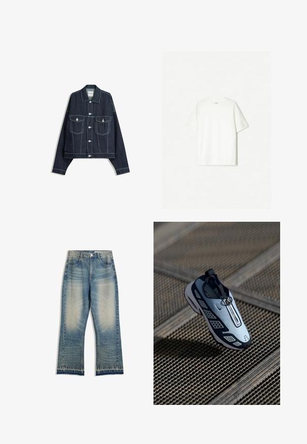 Sötétkék farmerdzseki fehér kontrasztvarrással, elöl gombos záródás, két hajtókás mellzseb és hosszú ujjú.; Fehér, rövid ujjú póló, puha pamutból készült. Környakú dizájn, laza szabással, látható logók vagy minták nélkül.; Világoskék farmernadrág, enyhén megfakult kivitelben, egyenes lábfejű szabással, öt zsebbel és nyers szegélydíszítéssel. Nincs látható hardver díszítés.; A Nike sportcipő slip-on dizájnal rendelkezik, világoskék felsőrésszel, fekete kiegészítőkkel és perforált oldallapokkal. Lekerekített orr és texturált talp jellemzi.