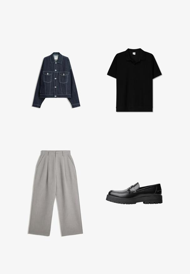 Temno modra kavbojka z belimi kontrastnimi šivi, z zapiranjem na gumbe spredaj, dvema žepoma na prsih s poklopcem ter dolgimi rokavi.; Črna polo majica s kratkimi rokavi, ki ima rebrasto teksturo, klasičen ovratnik in ravno spodnji rob. Preprosta in vsestranska zasnova.; Svetlo sivi hlače s ravnim krojem, z dvema sprednjima naborkoma in stranskimi žepi, narejene iz gladke tkanine.; Črne usnjene loafersice s debelim profiliranim podplatom in dekorativnim pasom čez zgornji del, prikazane v levem stranskem profilu na beli podlagi.