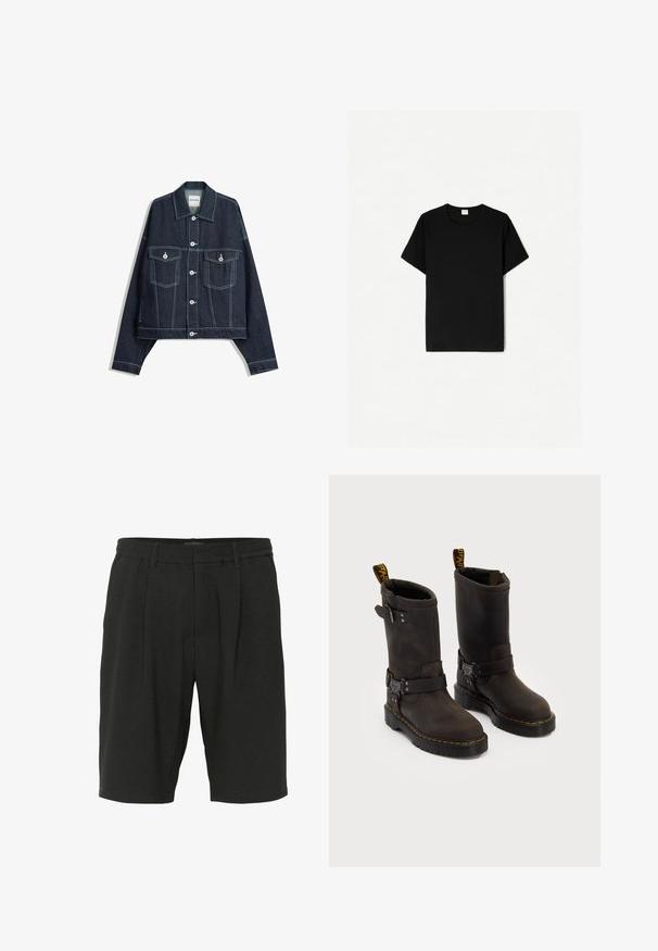 Tmavomodrá džínová bunda s bielym kontrastným šitím, predným zapínaním na gombíky, dvoma náprsníkmi s klopami a dlhými rukávmi.; Čierne tričko s krátkym rukávom, s klasickým výstrihom, vyrobené z mäkkej bavlny, s hladkým povrchom a bez viditeľných vzorov alebo akcentov.; Čierne šortky vyrobené z textúrovanej látky, s uvoľneným strihom, skladmi a elastickým pásom pre pohodlie.; Tmavohnedé kožené čižmy s dizajnom do polovice lýtok, žltým šitím, nastaviteľnými prackami a pútkami na vrchu. Štruktúrovaný povrch.
