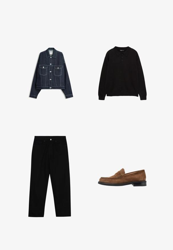 Tmavě modrá džínová bunda s bílým kontrastním prošitím, zapínání na knoflíky vpředu, dvě kapsy na hrudi s klopami a dlouhými rukávy.; Černá polokošile s dlouhými rukávy, límečkem, třemi knoflíky a žebrovanými manžetami a lemem, vyrobená z texturované tkaniny.; Černé džíny s rovně střiženými nohavicemi, designem pěti kapes a předním zapínáním na knoflík. Hladký povrch s minimem švových detailů.; Hnědé semišové mokasíny s kulatou špičkou, prošitými detaily na svršku a černou gumovou podrážkou. Minimální mosazné akcenty.