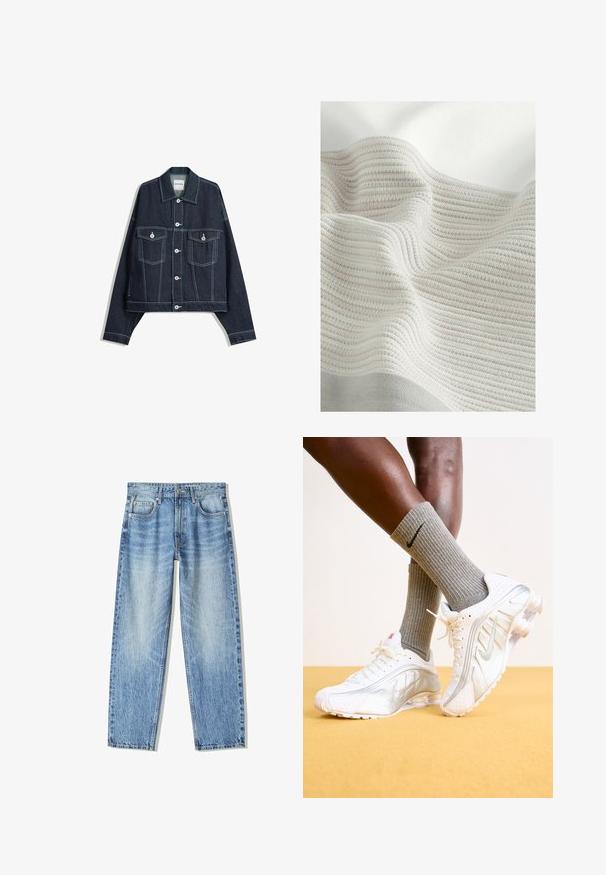 Temno modra kavbojka z belimi kontrastnimi šivi, z zapiranjem na gumbe spredaj, dvema žepoma na prsih s poklopcem ter dolgimi rokavi.; Struktura tkanine z svetlo sivo in off-white črtami. Mehek material z valovito površino, ki izpostavlja tkani vzorec in nežne gube.; Svetlo modri kavbojke z ohlapnim krojem, ravnim nogavicama, petimi žepi in zbledelim videzom. Imajo zadrgo in gumb na sprednji strani.; Nike superge v beli barvi s srebrnimi detajli, ki imajo teksturirane panele in perforacije. V kompletu s sivimi rebrastimi nogavicami, postavljene na rumeni ozadju.