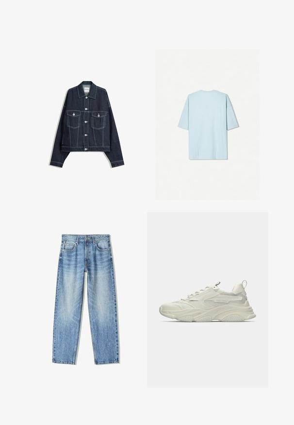 Donkerblauwe spijkerjas met witte contrasterende stiksels, sluiting met knopen aan de voorkant, twee klepborstzakken en lange mouwen.; Lichtblauw katoenen t-shirt met een ronde hals, korte mouwen en een eenvoudig achterkantontwerp met een kleine horizontale naaddetail.; Lichtblauwe denim jeans met een losse pasvorm, recht gesneden pijpen, vijf zakken en een vervaagde textuur. Voorzien van een knoop- en ritssluiting aan de voorkant.; Witte chunky sneaker met dikke zool, mesh panelen, vetersluiting en een trekband aan de hiel, gezien van de buitenkant.