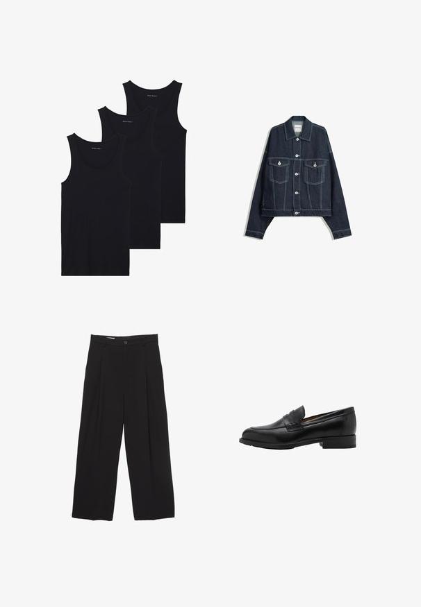 Mørkeblå denimjakke med hvid kontrastsyning, frontknaplukning, to klaplommer på brystet og lange ærmer.; Tre sorte bomulds tanktops med ribbet tekstur, med rund halsudskæring og uden ærmer, stablet pænt.; Sorte bukser med bred benvidde lavet af glat stof, med flad talje, frontfolder og en enkelt knaplukning.; Sorte læder loafers med en syet front og flad hæl. Glat tekstur med en afrundet tå og en dekorativ rem hen over vristen.