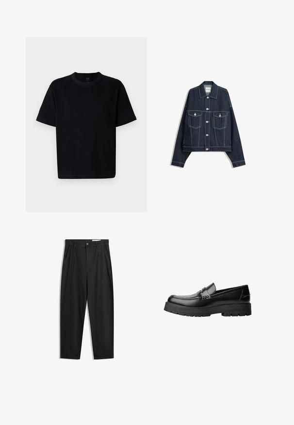 Tmavomodrá džínová bunda s bielym kontrastným šitím, predným zapínaním na gombíky, dvoma náprsníkmi s klopami a dlhými rukávmi.; Čierne bavlnené tričko s okrúhlym výstrihom, krátkymi rukávmi a rovný strih. Obsahuje minimálne švy a má mäkkú, hladkú textúru.; Čierne bavlnené nohavice s voľným strihom, s klasickým pásom, prednými záhybmi a bočnými vreckami. Hladká textúra bez vzorov.; Čierne kožené mokasíny s masívnou podrážkou a dekoratívnym pásom cez hornú časť, zobrazené z ľavého bočného profilu na bielom pozadí.