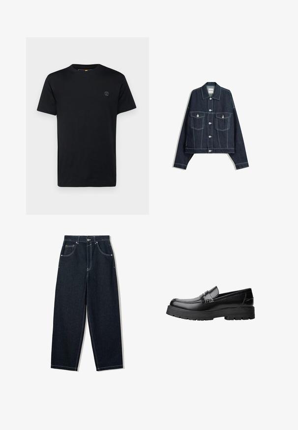 Mörkblå denimjacka med vit kontrastsöm, knäppning framtill med knappar, två bröstfickor med lock och långa ärmar.; Svart bomull t-shirt med rund halsringning, korta ärmar och en liten, broderad logotyp på bröstet. Slät textur, klassisk passform.; Breda, mörka denimjeans med kontrasterande vit söm, fem fickor och knappstängning. Har en hög midjedesign.; Svart läderloafer med kraftig mönstrad sula och dekorativ rem över framtill, visad i vänster sidoprofil på vit bakgrund.