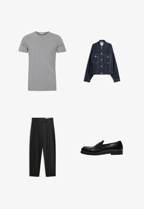 Tamno plavi traper jakna s bijelim kontrastnim šavovima, prednje dugme, dva džepa s preklopom na prsima i duge rukave.; Siva kratka majica s kratkim rukavima od mekog materijala, s okruglim izrezom i detaljem s četiri gumba na prednjoj strani.; Crne pamučne hlače s opuštenim krojem, s klasičnim pojasom, prednjim nabranjima i bočnim džepovima. Glatka tekstura bez uzoraka.; Crna kožna loafer cipela s glatkom površinom, koja ima šavnu obradu na gornjem dijelu i nisku, čvrstu crnu gumenu podlogu.