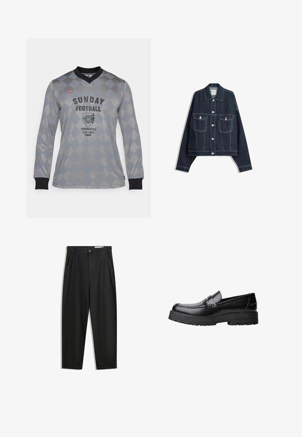 Sötétkék farmerdzseki fehér kontrasztvarrással, elöl gombos záródás, két hajtókás mellzseb és hosszú ujjú.; Umbro FOOTBALL - Klubruházat - quiet shade; Fekete pamut nadrág laza szabással, klasszikus derékrésszel, elülső hajtásokkal és oldalsó zsebekkel. Simább textúra minta nélkül.; Fekete bőr loaferek vastag, bordázott talppal és díszcsíkkal az upper rész felett, bal oldali profilmódban, fehér háttér előtt.