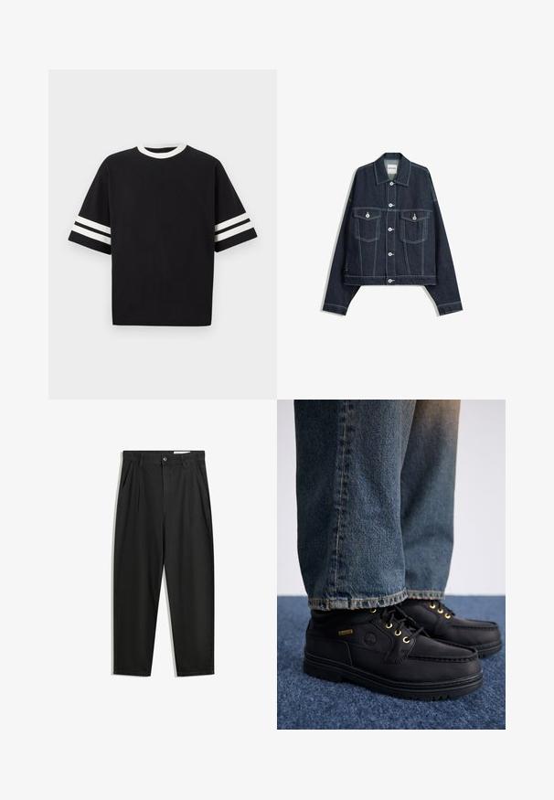 Tmavě modrá džínová bunda s bílým kontrastním prošitím, zapínání na knoflíky vpředu, dvě kapsy na hrudi s klopami a dlouhými rukávy.; Černé tričko s krátkým rukávem vyrobené z bavlny, s kulatým bílým výstřihem a dvěma horizontálními bílými pruhy na každém rukávu.; Černé bavlněné kalhoty s uvolněným střihem, klasickým pasem, předními záhyby a bočními kapsami. Hladká textura bez vzorů.; Černé kožené boty se zlatými očky a texturovaným povrchem, spárované s modrými džíny. Boty mají vrstvenou podrážku a detaily značky.