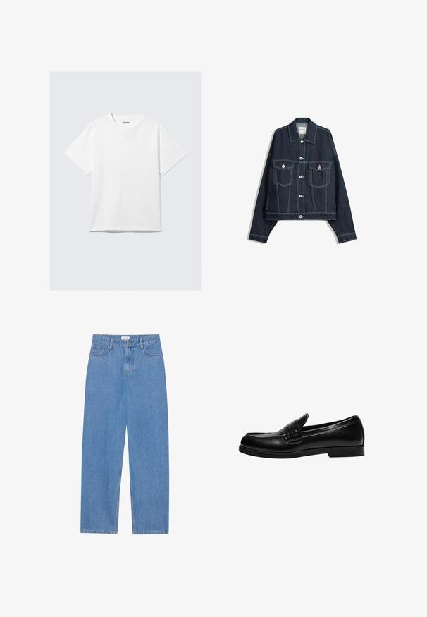 Giacca in denim blu scuro con cuciture bianche a contrasto, chiusura frontale con bottoni, due tasche sul petto con patta e maniche lunghe.; T-shirt bianca in cotone con scollo rotondo e maniche corte. Orlo dritto senza fantasie o dettagli, che offre un design semplice.; Jeans in denim azzurro chiaro con taglio dritto, design a cinque tasche, chiusura a pulsante singolo e dettagli di cucitura discreti sulle cuciture.; Mocassino in pelle nera con finitura liscia, caratterizzato da un dettaglio di cucitura sulla tomaia e una suola in gomma nera solida e bassa.