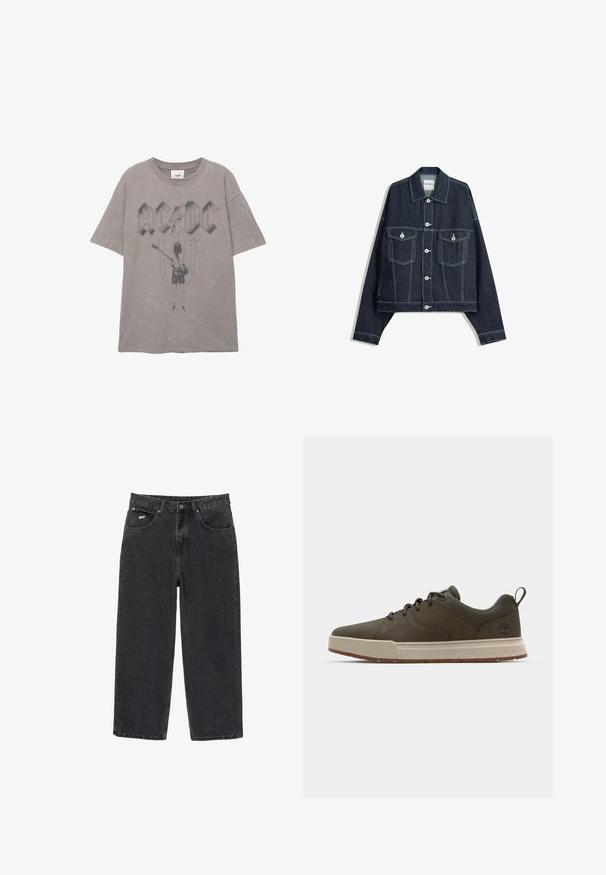 Tmavomodrá džínová bunda s bielym kontrastným šitím, predným zapínaním na gombíky, dvoma náprsníkmi s klopami a dlhými rukávmi.; Šedé bavlnené tričko s veľkým logom AC/DC a grafikou gitaristu na zadnej strane, s krátkymi rukávmi a klasickým okrúhlym výstrihom.; Čierne rovné džíny z denimu s piatimi vreckami a zatvorením na gombík, s malým bielym logom na prednom pravom vrecku.; Tmavo zelené tenisky s hladkým zvrškom, svetlo béžovou medzipodrážkou a gumovou podrážkou. Majú zaoblenú špičku a minimálne brandovanie na päte.