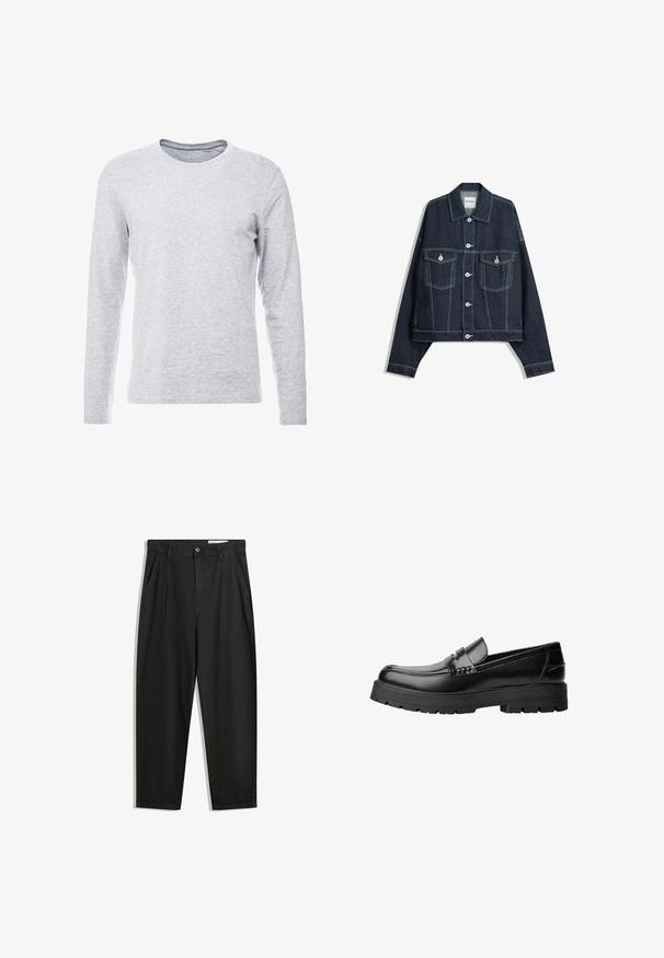 Sötétkék farmerdzseki fehér kontrasztvarrással, elöl gombos záródás, két hajtókás mellzseb és hosszú ujjú.; Hosszú ujjú szürke póló puha, könnyű anyagból, klasszikus kerek nyakkal és egyszerű, díszítés nélküli kialakítással.; Fekete pamut nadrág laza szabással, klasszikus derékrésszel, elülső hajtásokkal és oldalsó zsebekkel. Simább textúra minta nélkül.; Fekete bőr loaferek vastag, bordázott talppal és díszcsíkkal az upper rész felett, bal oldali profilmódban, fehér háttér előtt.