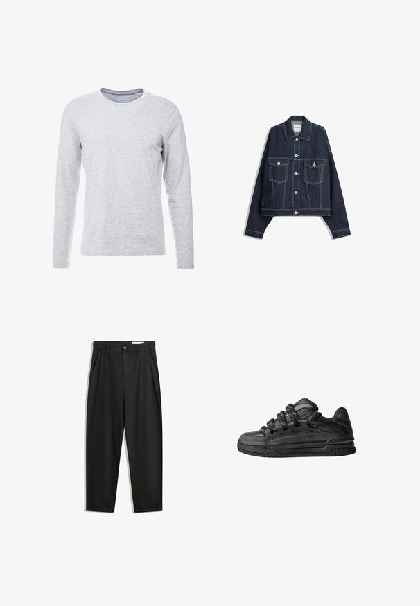 Mørkeblå denimjakke med hvid kontrastsyning, frontknaplukning, to klaplommer på brystet og lange ærmer.; Langærmet grå T-shirt i et blødt, let stof med en klassisk rund halsudskæring og et simpelt, udekoreret design.; Sorte bomuldsbukser med en afslappet pasform, der har en klassisk talje, frontfolder og sidelommer. Glat tekstur uden mønstre.; Sorte sneakers med en glat læderoverdel, teksturerede accenter og runde sorte og hvide snørebånd. Tyk gummisål med et mønstret slidbanemønster.