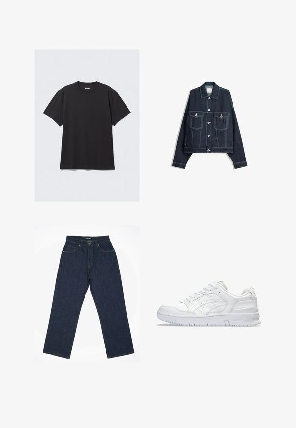 Tmavě modrá džínová bunda s bílým kontrastním prošitím, zapínání na knoflíky vpředu, dvě kapsy na hrudi s klopami a dlouhými rukávy.; Černé krátké tričko s krátkým rukávem vyrobené z bavlny. Má kulatý výstřih a volný střih. Jednoduchý design bez viditelných vzorů nebo akcentů.; Tmavě modré džíny s rovnými nohavicemi, s žlutým šitím, pěti kapsami a knoflíkovým zapínáním v pase.; Bílé sportovní tenisky s hladkým koženým svrškem, perforovanou špičkou a polstrovanou podrážkou. Obsahují texturované akcenty a logové umístění.
