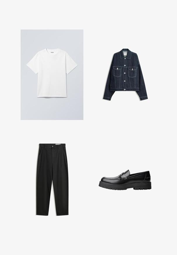 Temno modra kavbojka z belimi kontrastnimi šivi, z zapiranjem na gumbe spredaj, dvema žepoma na prsih s poklopcem ter dolgimi rokavi.; Bela bombažna majica s kratkimi rokavi in okroglim ovratnikom ter sproščenim krojem. Ima blagovno znamko "WEEKDAY" na ovratu.; Črne bombažne hlače s sproščenim krojem, ki vključujejo klasičen pas, sprednje gube in stranske žepke. Gladka tekstura brez vzorcev.; Črne usnjene loafersice s debelim profiliranim podplatom in dekorativnim pasom čez zgornji del, prikazane v levem stranskem profilu na beli podlagi.