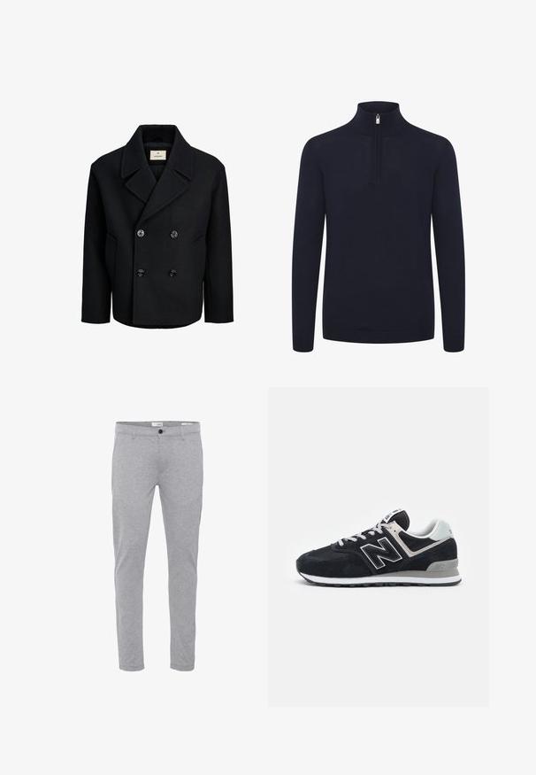 Cappotto nero doppiopetto in lana con una texture liscia, caratterizzato da grandi bottoni neri, colletto a risvolto e tasche laterali.; Cardigan con zip di colore blu navy, colletto alto e maniche lunghe. Realizzato in un tessuto morbido e texturizzato con polsini e orlo a coste.; Pantaloni in misto cotone grigi con vestibilità slim, dotati di zip frontale, chiusura a bottone e tasche standard per funzionalità.; Sneaker in suede e mesh di color navy scuro con dettagli bianchi, design con lacci, logo "N" prominente di lato e suola in gomma grigia.