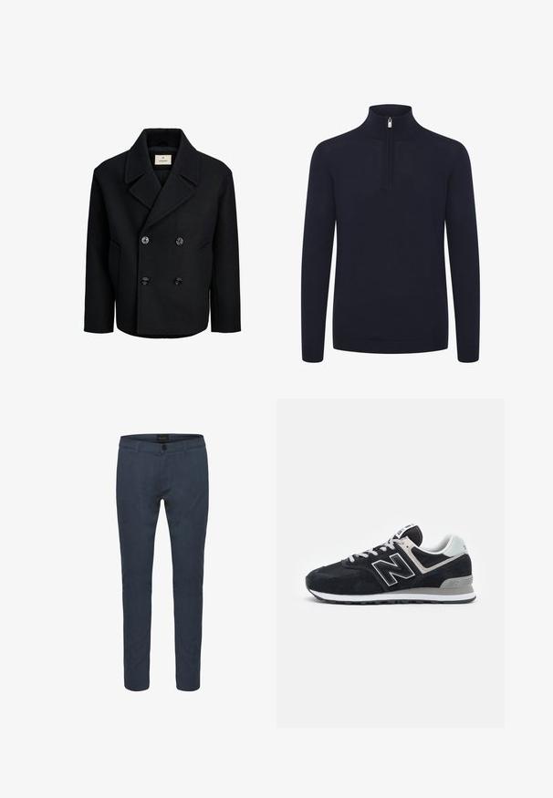 Svart dobbelspent frakk laget av ull med en glatt tekstur, med store svarte knapper, krage med hakk og sidelommer.; Mørkeblå zip-up genser med høy krage og lange ermer. Laget av et mykt, strukturert stoff med ribbede mansjetter og hem.; Mørkeblå skreddersydde bukser laget av stoff, med knappelukking, frontlommer og en smal passform. Jevn tekstur med subtil glans.; Mørk marineblå semsket materiale og mesh sneaker med hvite detaljer, snøring, fremtredende "N"-logo på siden og grå gummisåle.