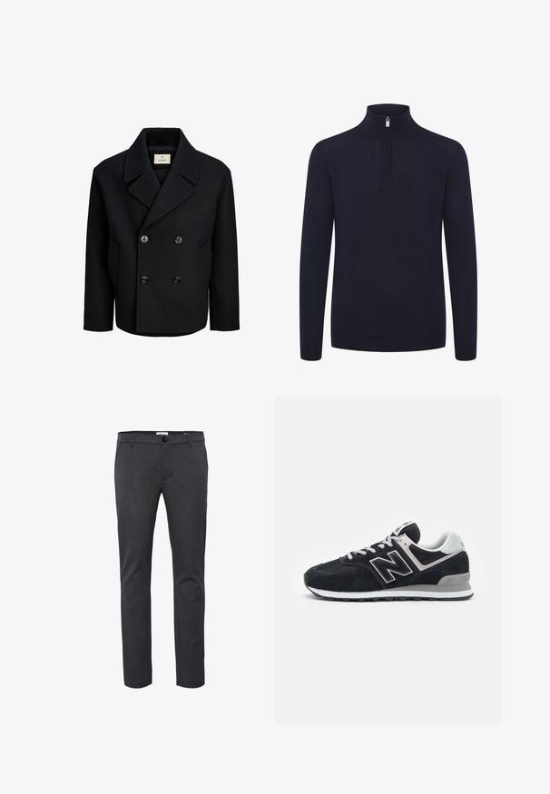 Zwarte dubbelzijdige jas van wol met een gladde textuur, voorzien van grote zwarte knopen, een gekarteld kraag en zijzakken.; Marineblauwe ritstrui met een hoge kraag en lange mouwen. Gemaakt van een zachte, gestructureerde stof met geribbelde boorden en zoom.; Donkergrijze slim-fit broek gemaakt van textuurstof, met een knoopsluiting, riemlussen en zijzakken voor praktisch gebruik.; Donkergroene suède en mesh sneakers met witte accenten, vetersluiting, opvallend "N"-logo op de zijkant en grijze rubberen zool.