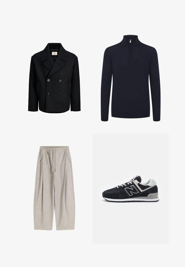 Zwarte dubbelzijdige jas van wol met een gladde textuur, voorzien van grote zwarte knopen, een gekarteld kraag en zijzakken.; Marineblauwe ritstrui met een hoge kraag en lange mouwen. Gemaakt van een zachte, gestructureerde stof met geribbelde boorden en zoom.; Lichtgrijze sweatpants met een elastische tailleband, verstelbare trekkoord, twee zijzakken en losse, uitlopende benen. Zachte textuur, geplooid ontwerp.; Donkergroene suède en mesh sneakers met witte accenten, vetersluiting, opvallend "N"-logo op de zijkant en grijze rubberen zool.