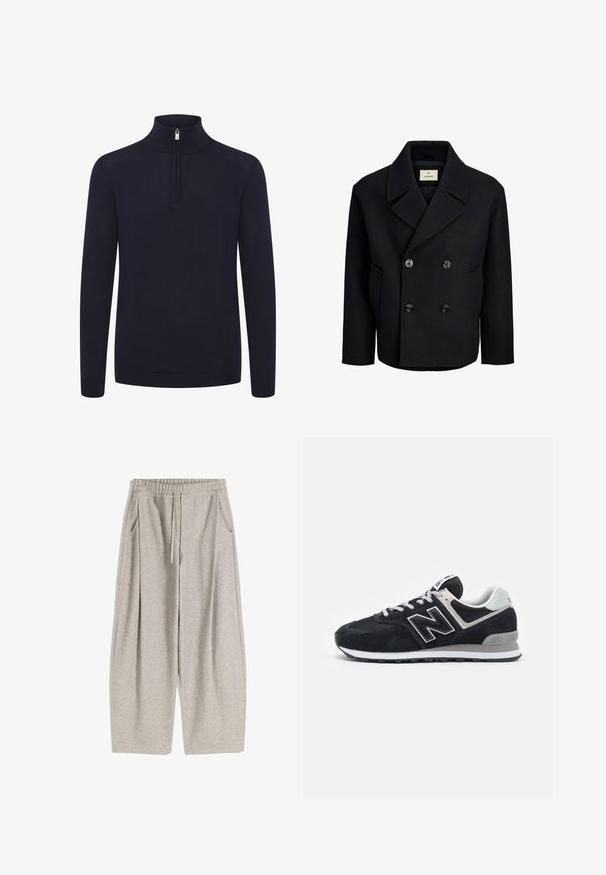 Czarny płaszcz dwurzędowy z wełny o gładkiej fakturze, z dużymi czarnymi guzikami, klapami i kieszeniami po bokach.; Granatowy sweter na zamek z wysokim kołnierzem i długimi rękawami. Wykonany z miękkiej, teksturowanej tkaniny z prążkowanymi mankietami i dołem.; Jasnoszare dresy z elastycznym pasem, regulowanym sznurkiem, dwoma bocznymi kieszeniami i luźnymi, rozszerzanymi nogawkami. Miękka faktura, plisowany wzór.; Ciemnoniebieskie zamszowe i siatkowe sneakersy z białymi akcentami, sznurowana konstrukcja, wyraźne logo "N" z boku oraz szara gumowa podeszwa.