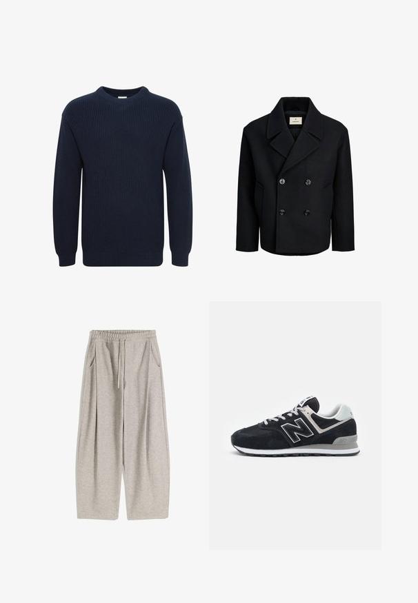 Schwarzer Doppelbreasted-Mantel aus Wolle mit glatter Textur, ausgestattet mit großen schwarzen Knöpfen, einem Reverskragen und Seitentaschen.; Marineblauer Strickpullover mit Rundhalsausschnitt, langen Ärmeln und Rippstruktur, mit geradem Saum und ohne sichtbare Logos oder Muster.; Hellgraue Jogginghose mit elastischem Bund, verstellbarem Kordelzug, zwei Seitentaschen und weit auslaufenden Beinen. Weiche Textur, gefältetes Design.; Dunkelblaues Wildleder- und Mesh-Sneaker mit weißen Akzenten, Schnürdesign, auffälligem "N"-Logo seitlich und grauer Gummisohle.