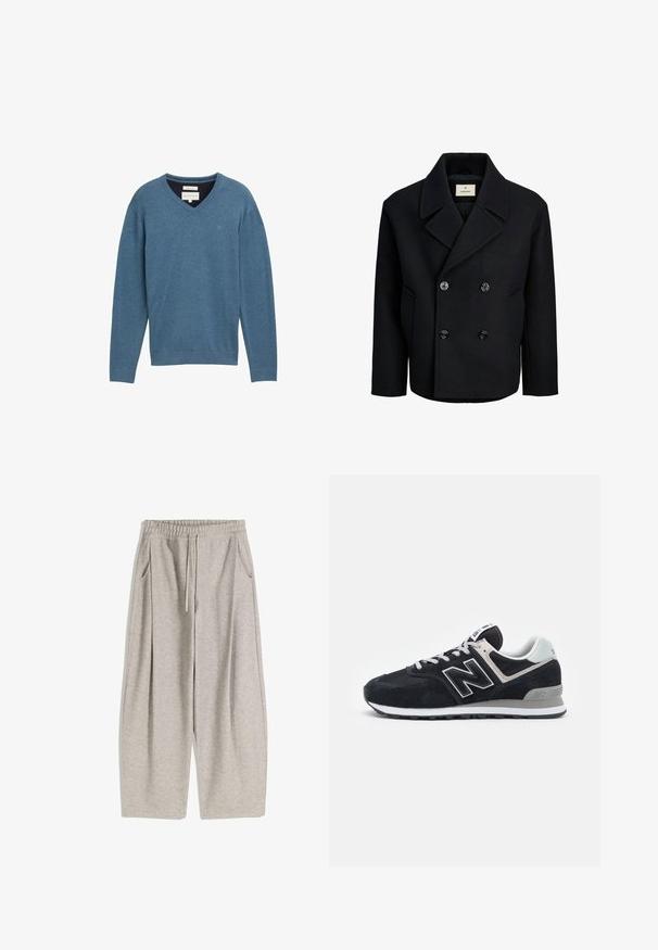 Svart dubbelknäppt kappa i ull med en mjuk yta, som har stora svarta knappar, en urholkad krage och sidofickor.; Blå bomullsväst med V-hals, lång ärm och ribbade muddar. Har en liten logotyp på bröstet och ett mjukt, strukturerat tyg.; Ljusgrå sweatpants med elastisk midja, justerbar dragsko, två sidofickor och lösa, utsvängda ben. Mjuk textur, plisserad design.; Mörk marinblå mocka och mesh sneakers med vita accenter, snörningsdesign, framträdande "N"-logotyp på sidan och grå gummisula.