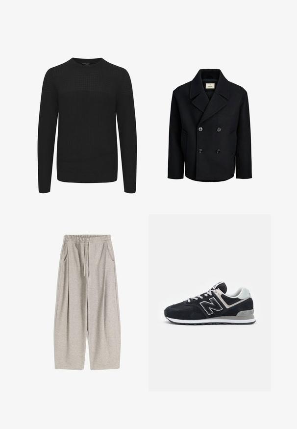 Fekete, dupla soros gyapjúkabát sima tapintással, nagy fekete gombokkal, fodros gallérral és oldalsó zsebekkel.; Fekete kötött pulóver kerek nyakkal, textúrált felső résszel és bordázott mandzsettával, valamint aljjal. Puha, meleg anyagból készült.; Világosszürke melegítőnadrág rugalmas derékrésszel, állítható zsinórral, két oldalsó zsebbel és laza, bővülő lábakkal. Puha tapintás, redőzött dizájn.; Sötét tengerészkék velúr és hálós sneaker, fehér díszítéssel, fűzős kialakítással, kiemelkedő "N" logóval az oldalon és szürke gumitalppal.