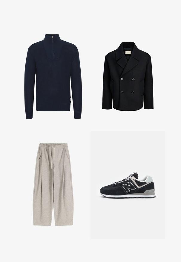 Zwarte dubbelzijdige jas van wol met een gladde textuur, voorzien van grote zwarte knopen, een gekarteld kraag en zijzakken.; Solid SDChristo - Trui - insignia blue; Lichtgrijze sweatpants met een elastische tailleband, verstelbare trekkoord, twee zijzakken en losse, uitlopende benen. Zachte textuur, geplooid ontwerp.; Donkergroene suède en mesh sneakers met witte accenten, vetersluiting, opvallend "N"-logo op de zijkant en grijze rubberen zool.