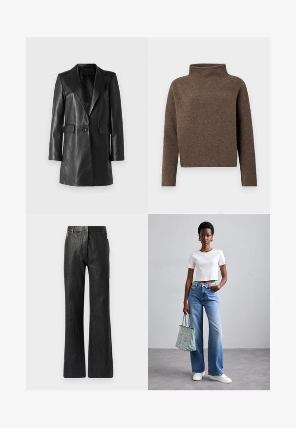 STUDIO ID Usnjena jakna - nappa black; Rjav, skrajšan pulover z visokim, obrnjenim ovratnikom, dolgimi rokavi in mehkim, teksturiranim blaga. Minimalistična zasnova brez vidne opreme.; Črne usnjene hlače širokega kroja s gladko teksturo, navpičnimi šivi in stranskimi žepi z zadrgo za dodaten detajl.; Bela rebrasta kratka majica, svetloplave široke farmerke i bele patike. Drži zelenu in belo prugasto torbo.