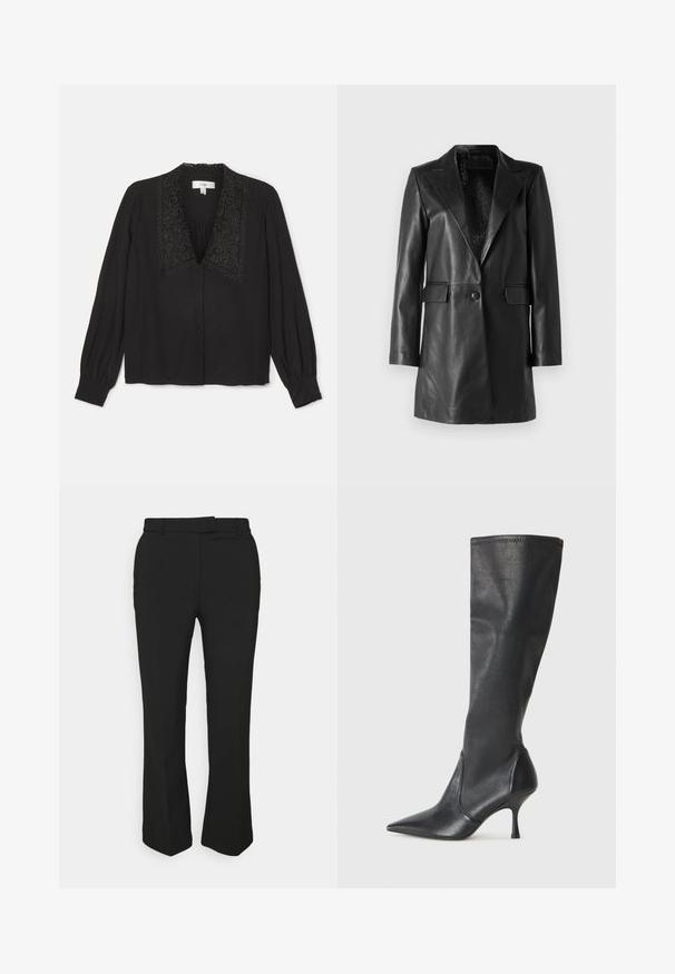 STUDIO ID Giacca di pelle - nappa black; Blusa nera a maniche lunghe, con colletto ricamato decorativo, chiusura frontale con bottoni e dettaglio arricciato sul petto. Tessuto liscio.; Pantaloni neri su misura con design a gamba dritta, dotati di passanti per cintura e tasche laterali. Realizzati in tessuto liscio con una finitura pulita.; Stivali neri in pelle al ginocchio con punta affusolata e tacco a stiletto sottile. Texture liscia con design aderente e cuciture lungo il bordo superiore.