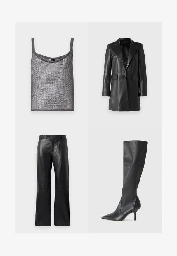 STUDIO ID Skinnjacka - nappa black; Grå ärmlös topp i mjukt, texturerat stickat tyg med lös passform och rundad halsringning. Har tunna axelremmar.; Svarta rakbeniga byxor i faux läder med bältesömmar och en dold framslutning, uppvisade på en vit bakgrund.; Knähöga svarta läderstövlar med spetsig tå och smal stilettklack. Slät textur med en åtsittande design och sömnad vid övre kanten.